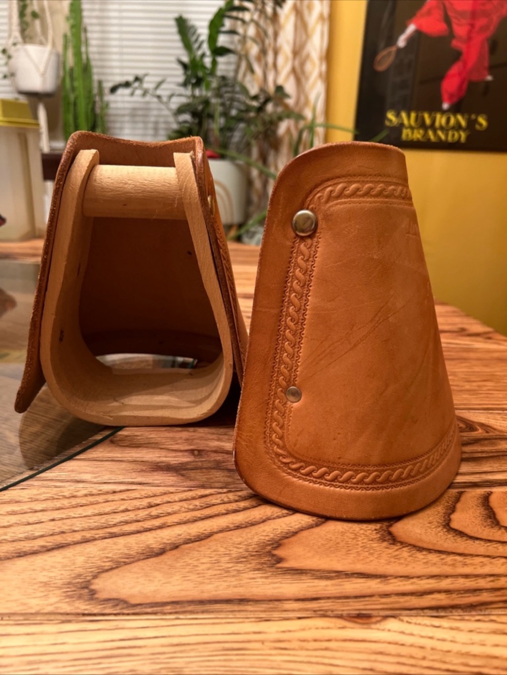 Western Horse Saddle Stirups with Protective Leather  Wooden Core, Decorative